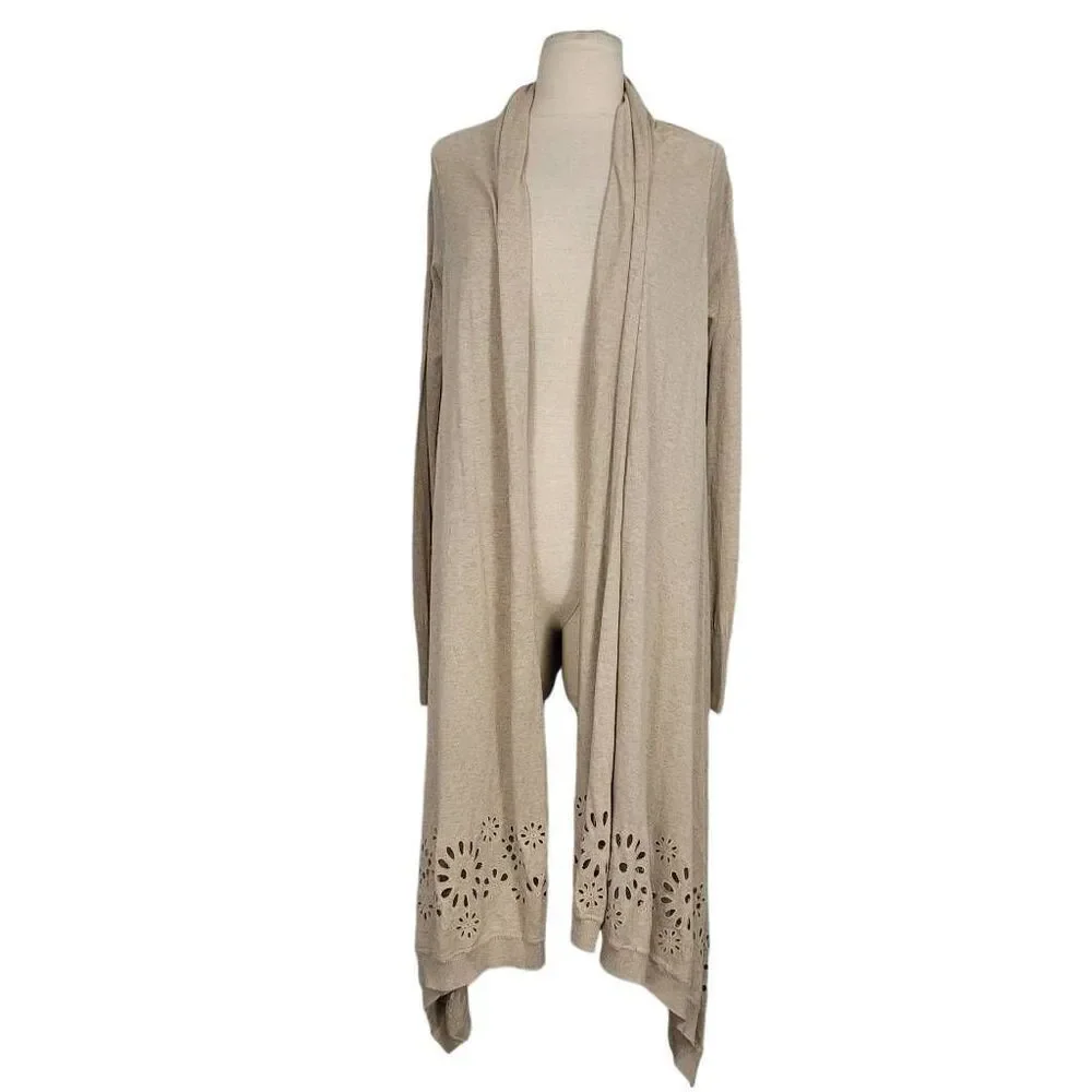 Escada Tan Cream Wrap Cardigan Sweater Sz XS Asymmetrical Front Eyelet Silk Blen